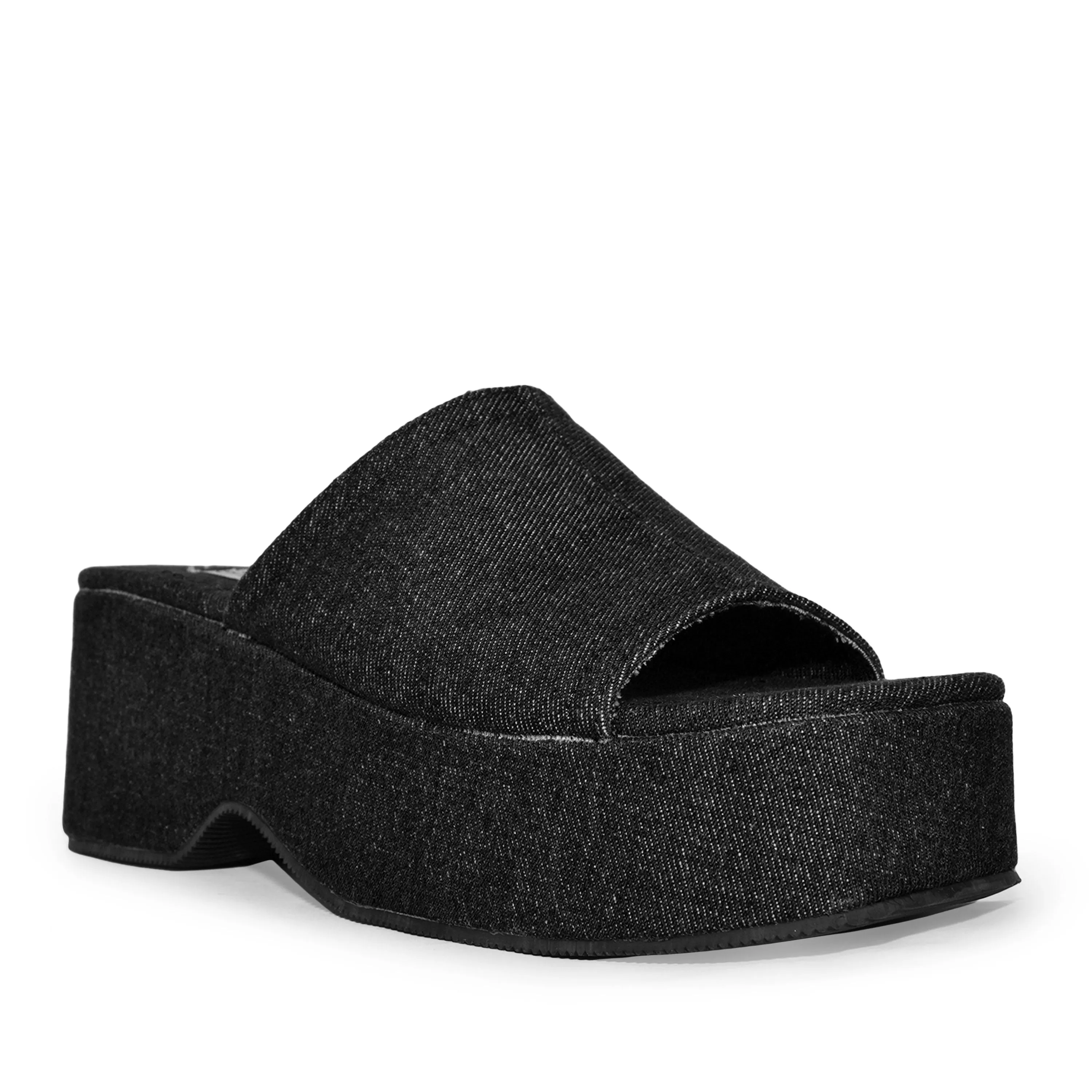 AIDA-01 Platform Square Toe Denim Wedge Mule Slide Sandals