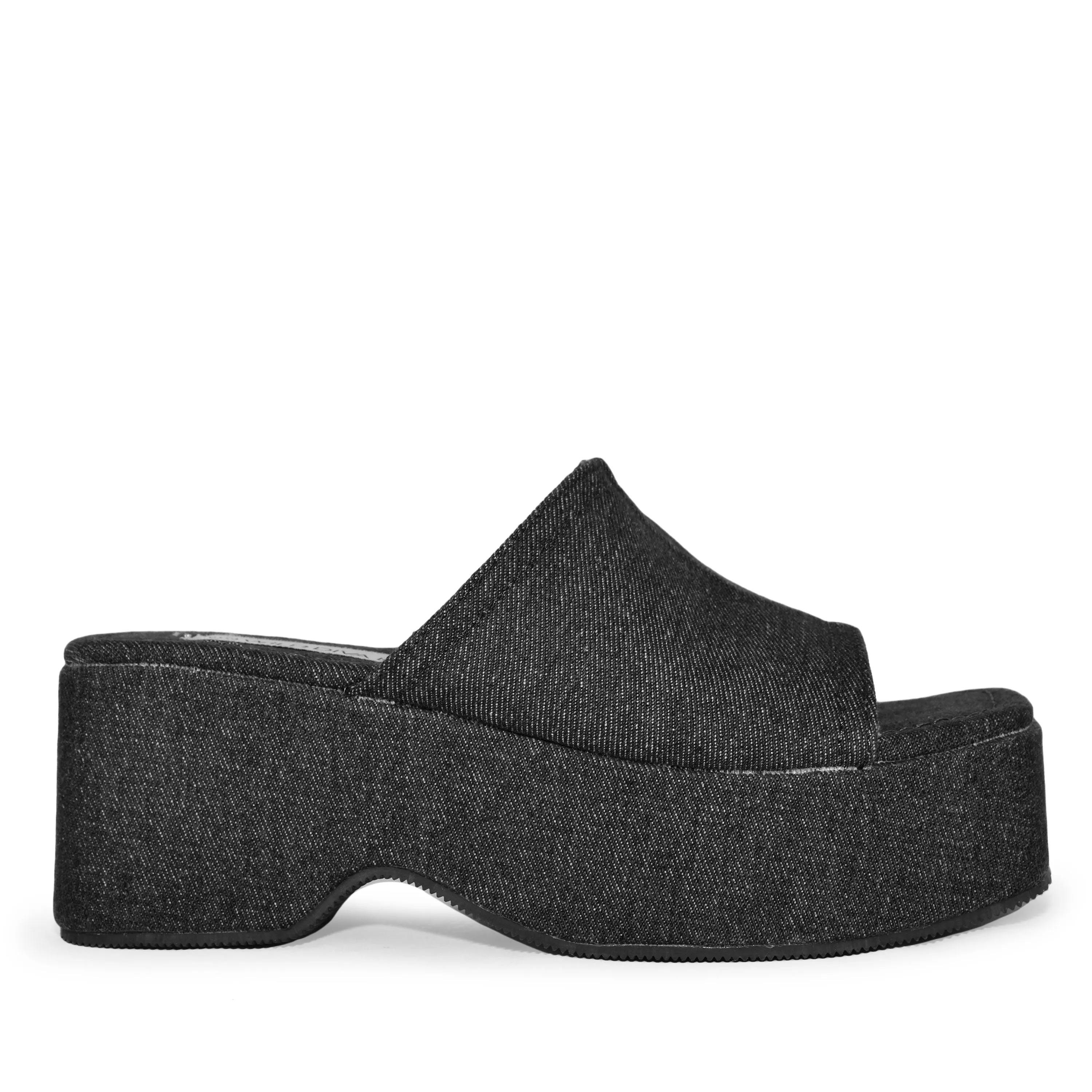 AIDA-01 Platform Square Toe Denim Wedge Mule Slide Sandals