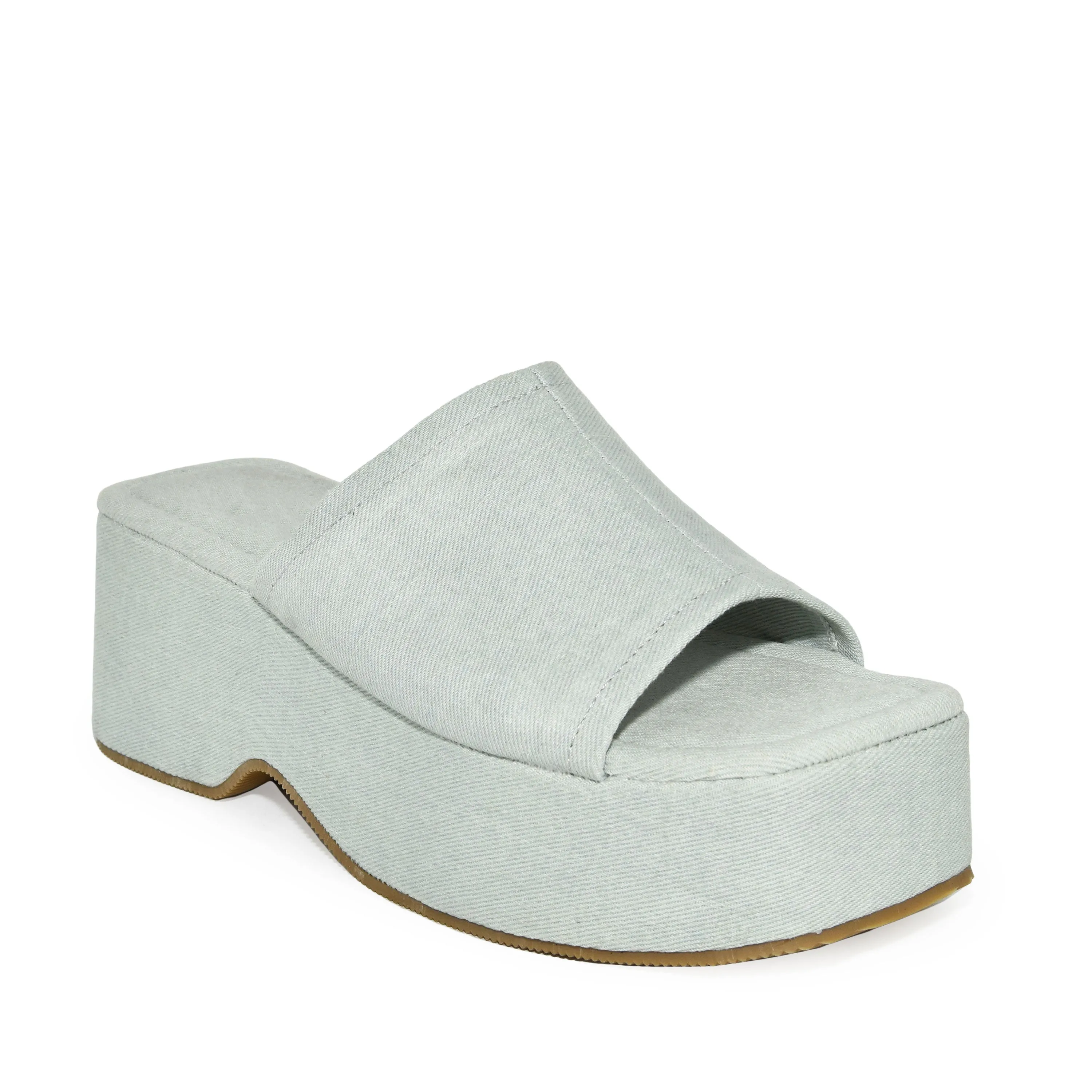 AIDA-01 Platform Square Toe Denim Wedge Mule Slide Sandals