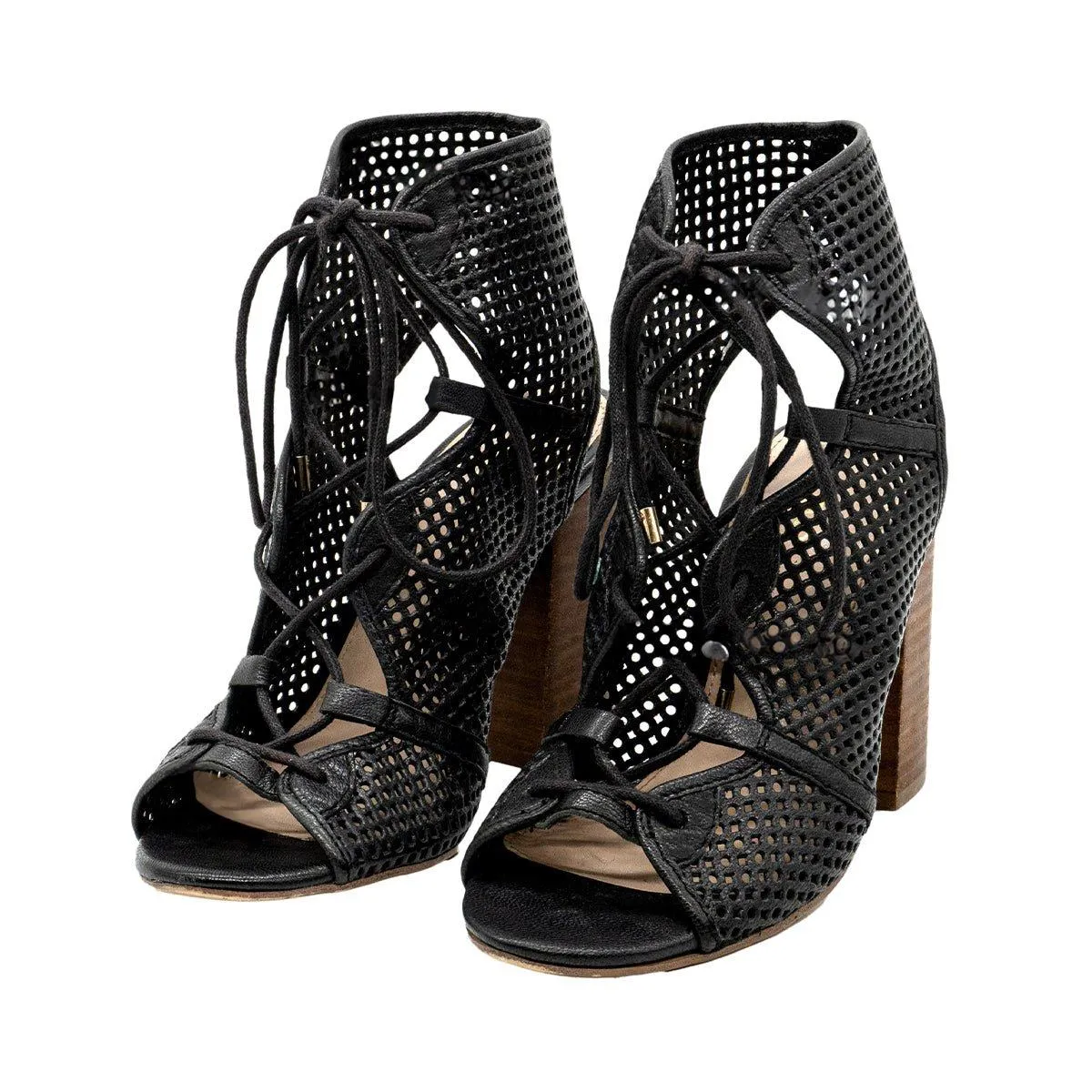 Aldo Laced Up Heeled Sandals Peep Toe Leather Black Colour For Women