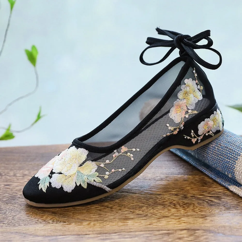 Arisu Flower Embroidery Sheer Ballet Lace-Up Flats - 3 Colors