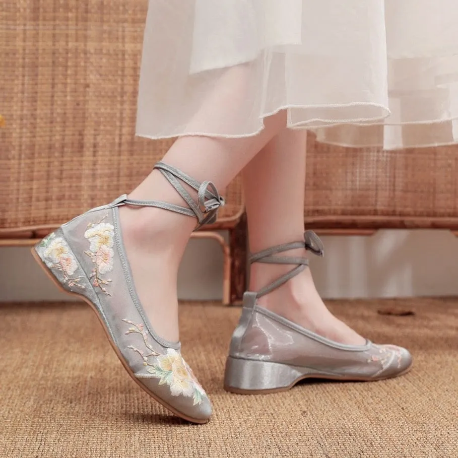 Arisu Flower Embroidery Sheer Ballet Lace-Up Flats - 3 Colors