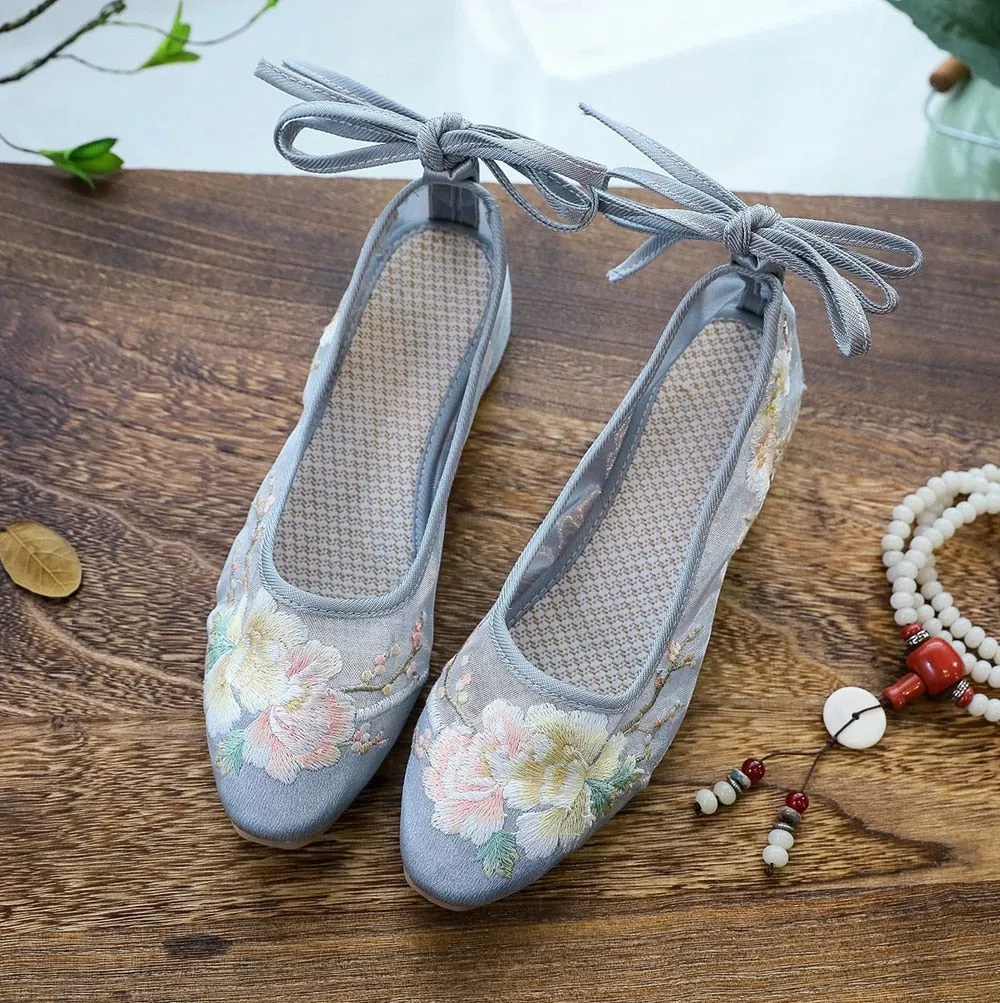 Arisu Flower Embroidery Sheer Ballet Lace-Up Flats - 3 Colors