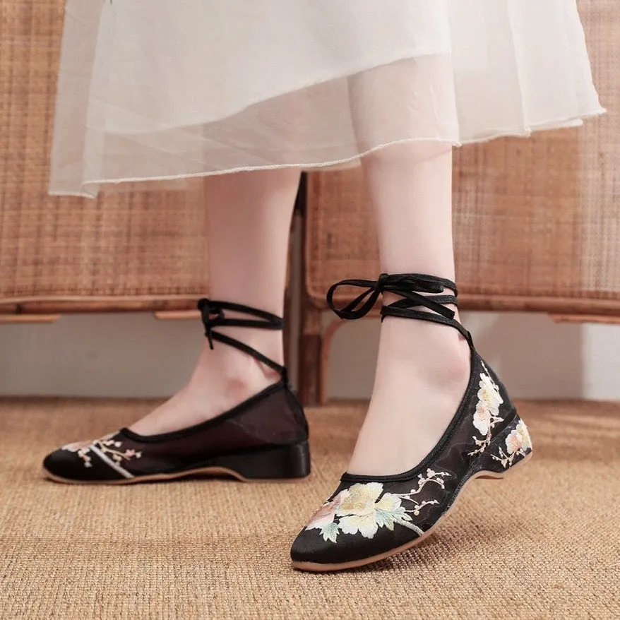 Arisu Flower Embroidery Sheer Ballet Lace-Up Flats - 3 Colors