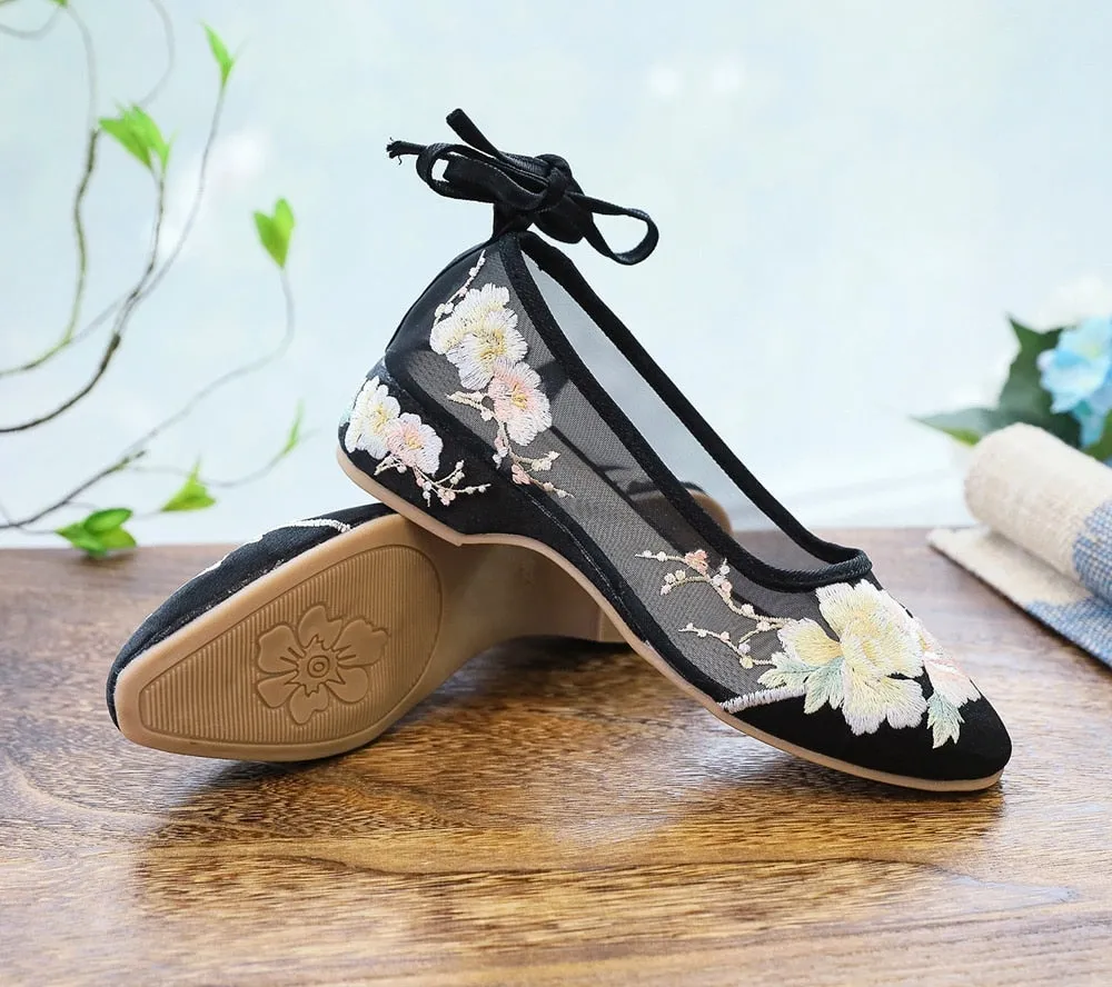 Arisu Flower Embroidery Sheer Ballet Lace-Up Flats - 3 Colors