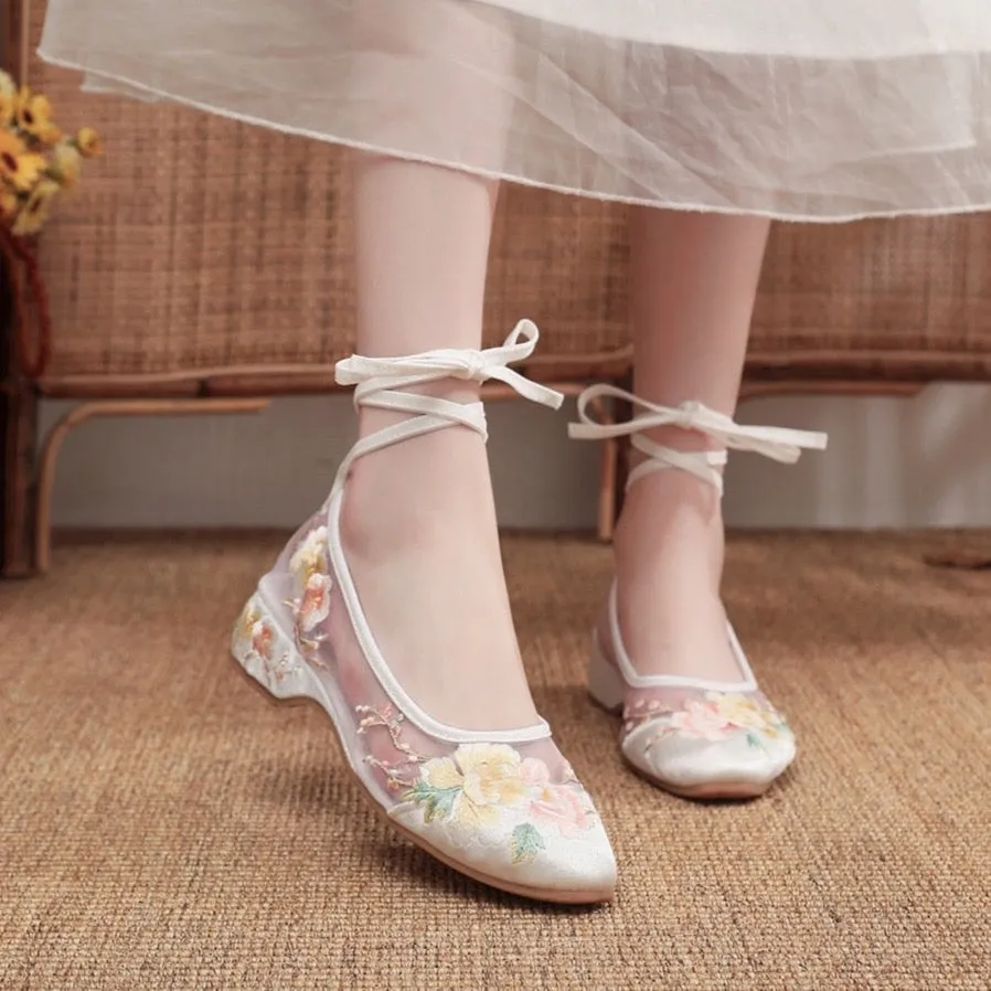 Arisu Flower Embroidery Sheer Ballet Lace-Up Flats - 3 Colors