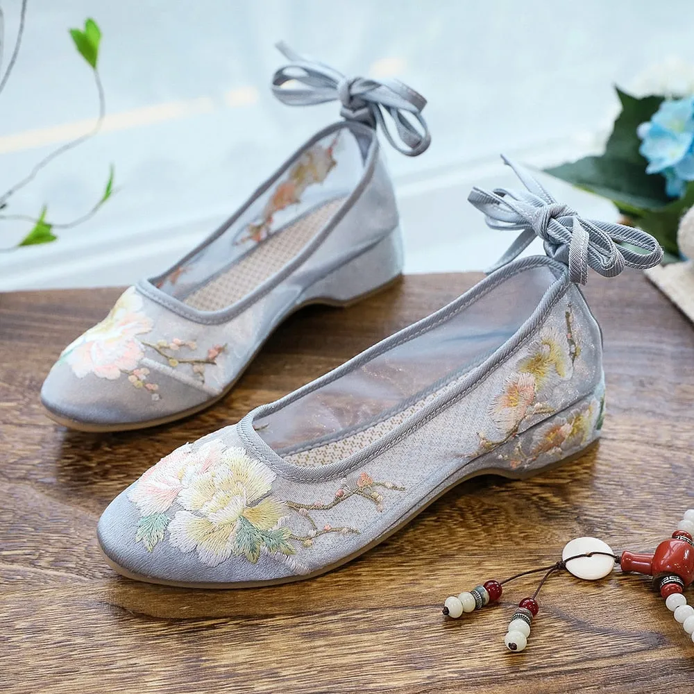 Arisu Flower Embroidery Sheer Ballet Lace-Up Flats - 3 Colors