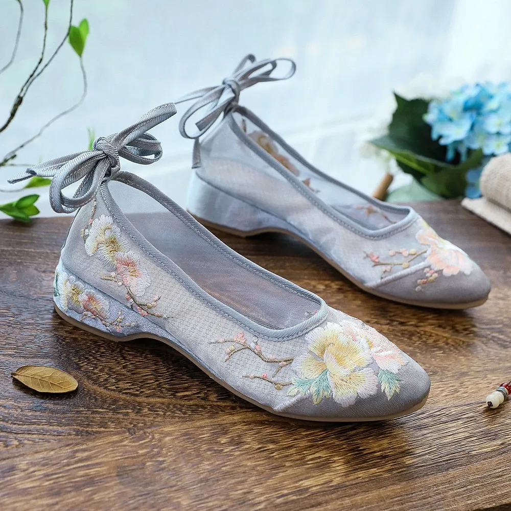 Arisu Flower Embroidery Sheer Ballet Lace-Up Flats - 3 Colors