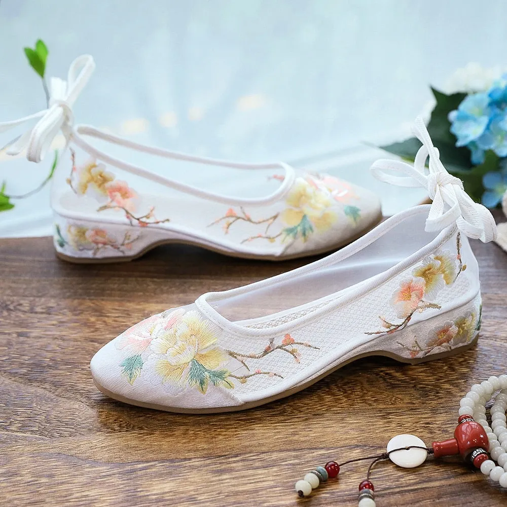 Arisu Flower Embroidery Sheer Ballet Lace-Up Flats - 3 Colors