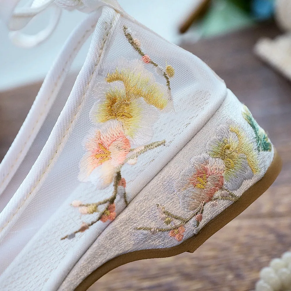 Arisu Flower Embroidery Sheer Ballet Lace-Up Flats - 3 Colors