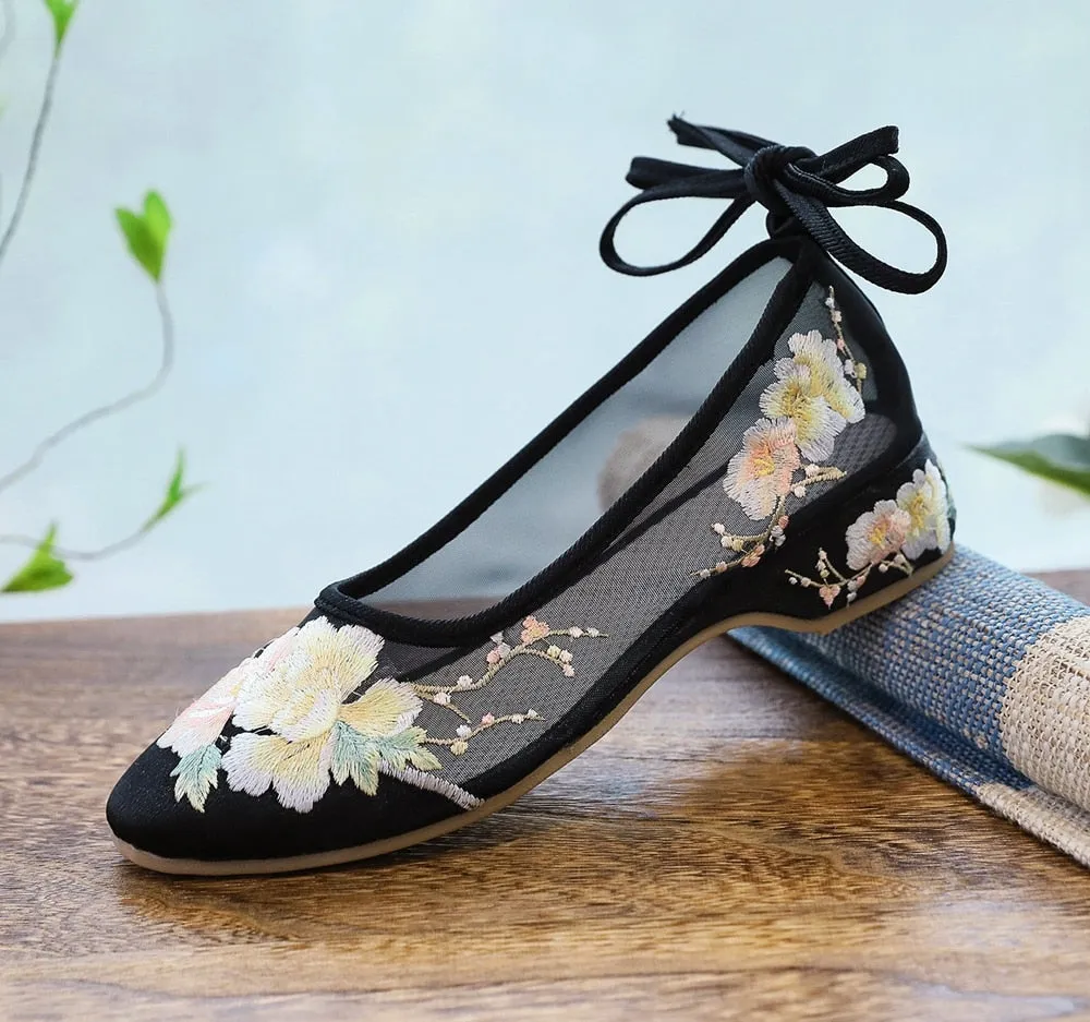 Arisu Flower Embroidery Sheer Ballet Lace-Up Flats - 3 Colors