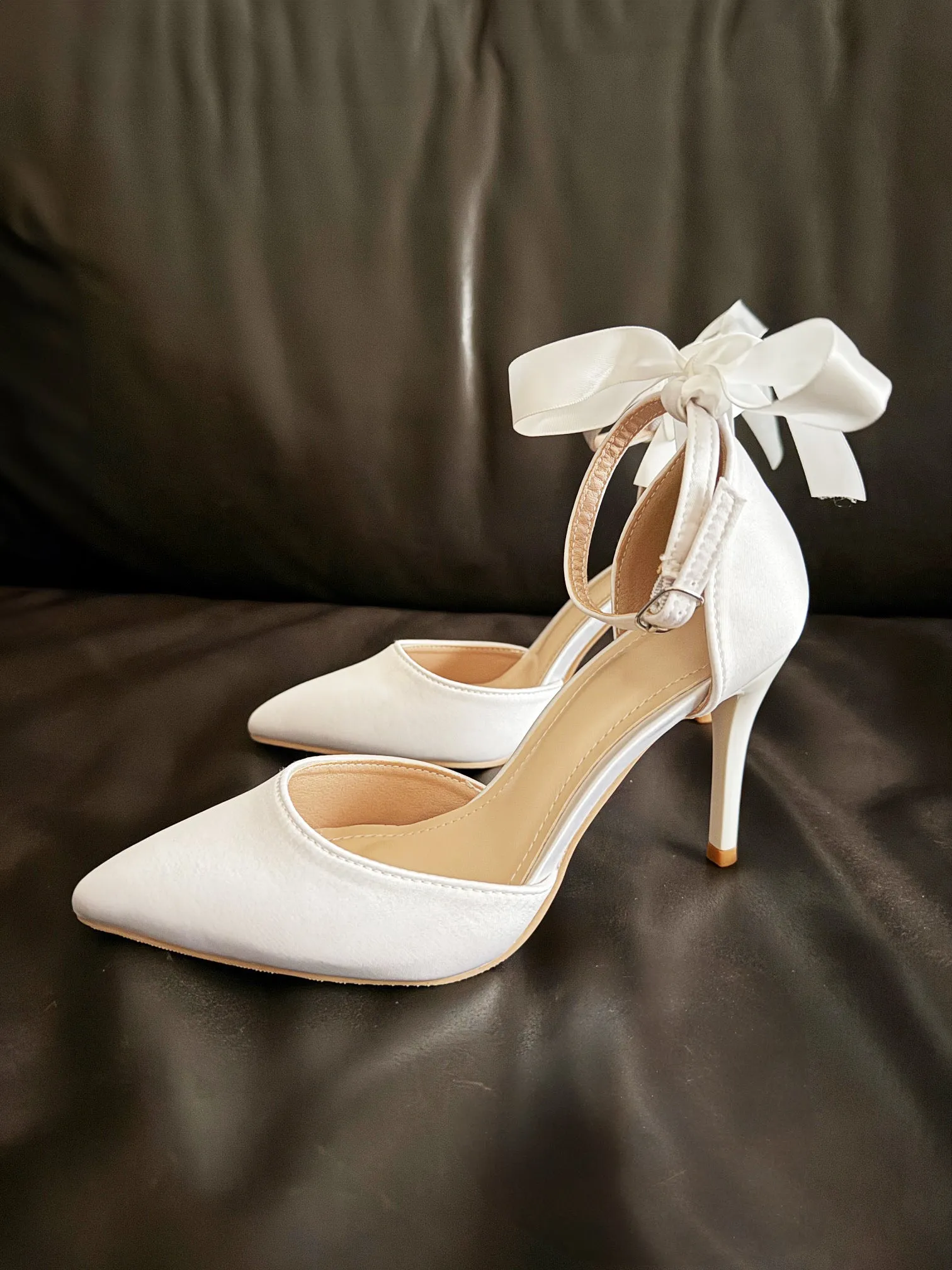 Arrisa Pointed Toe Ankle Strap Heels in Satin Champagne