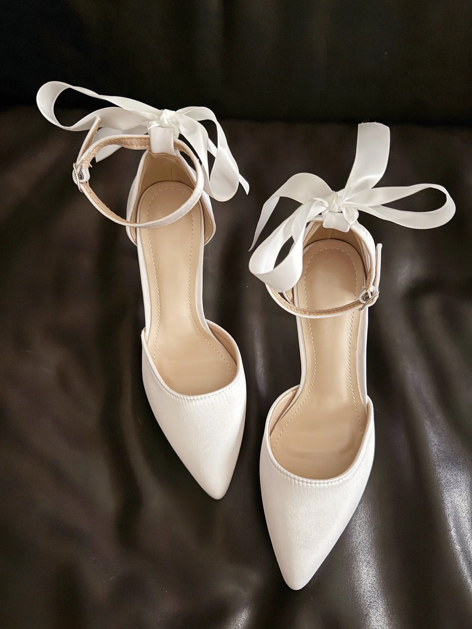 Arrisa Pointed Toe Ankle Strap Heels in Satin Champagne