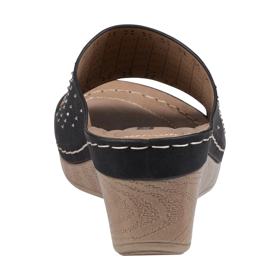 Atlanta Black Studded Slip On Comfort Wedge Sandals