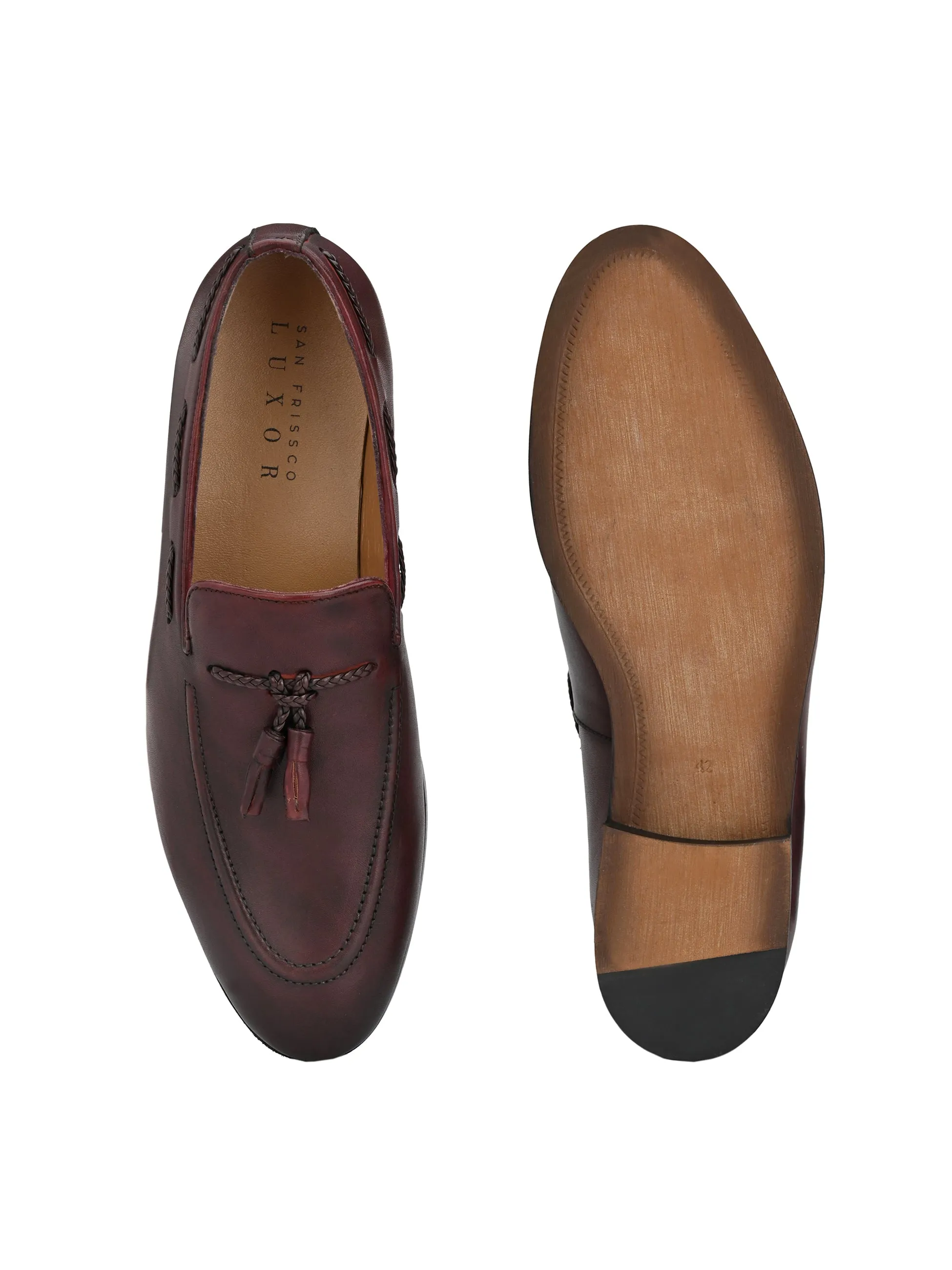 Baizen Burgundy Tassel Loafers