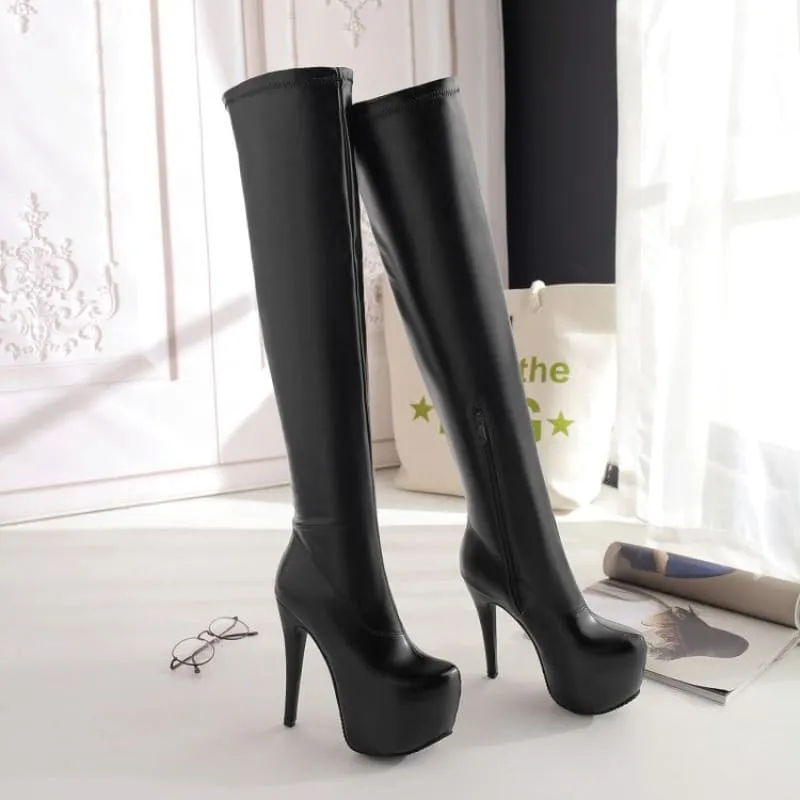 Black Thigh-high Platform Boots with Stiletto Heels for Ladies