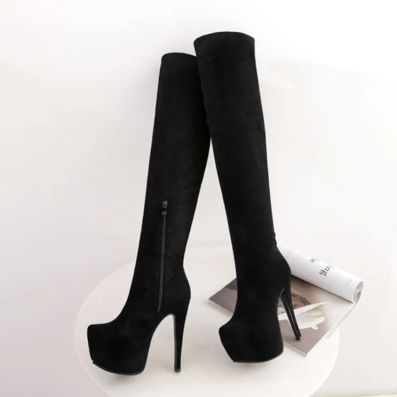 Black Thigh-high Platform Boots with Stiletto Heels for Ladies