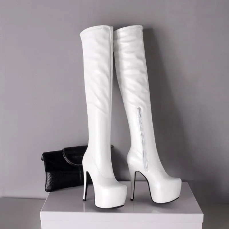 Black Thigh-high Platform Boots with Stiletto Heels for Ladies