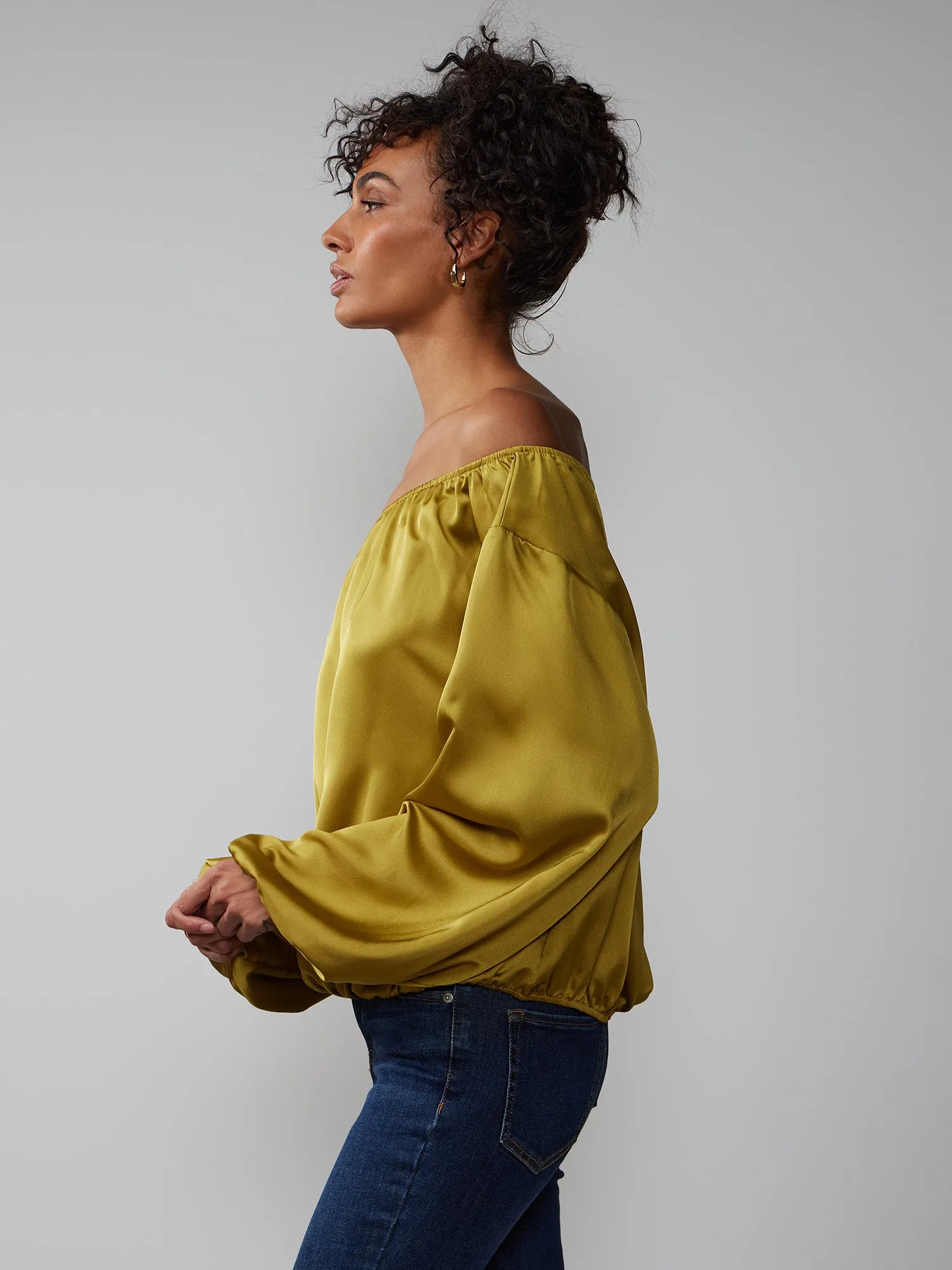 Bubble Sleeve Off Shoulder Satin Blouse