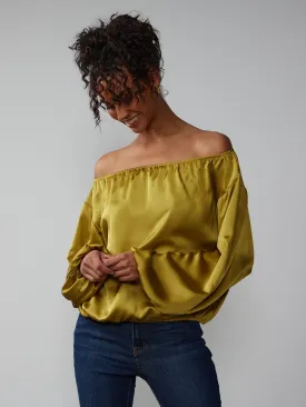 Bubble Sleeve Off Shoulder Satin Blouse