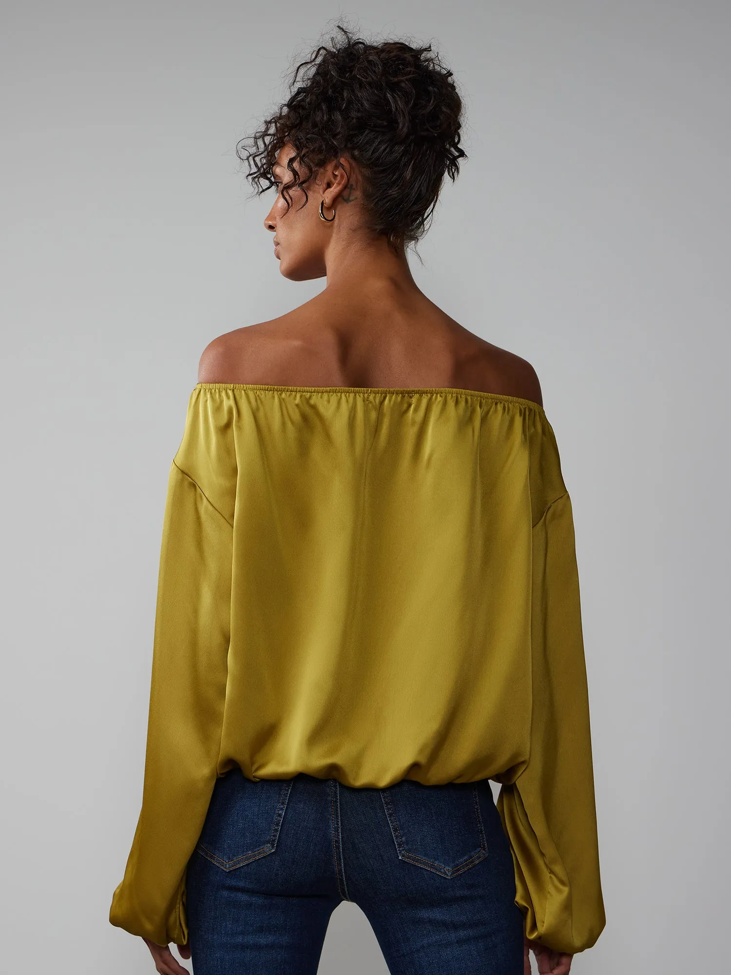 Bubble Sleeve Off Shoulder Satin Blouse