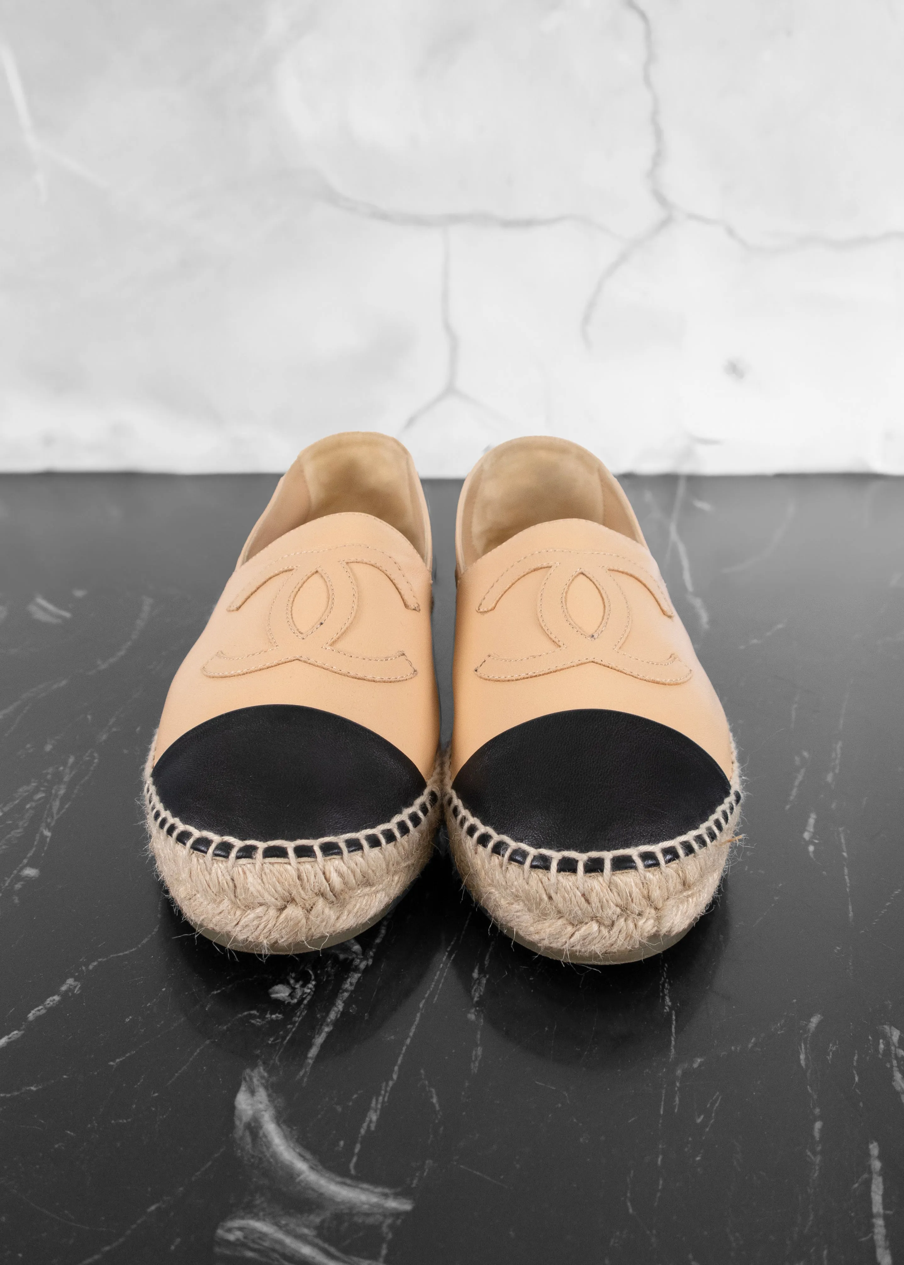 Chanel Lambskin CC Beige Black Espadrilles