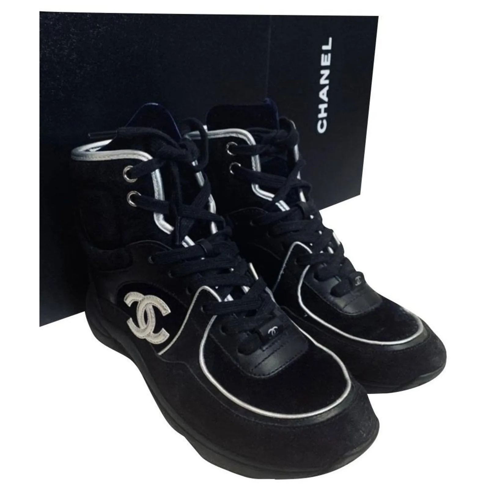 CHANEL SUEDE CALFSKIN MIX FABRIC CC HI-TOP SNEAKERS