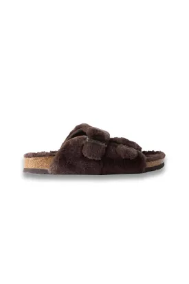 Chocolate Brown Faux Fur Buckled Slippers