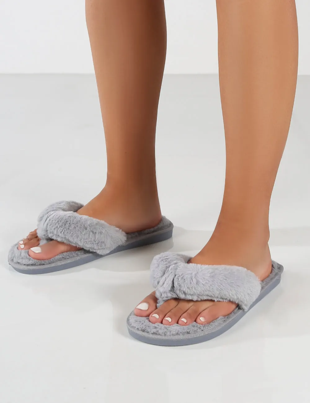 Cuddle Grey Thong Strap Faux Fur Slippers