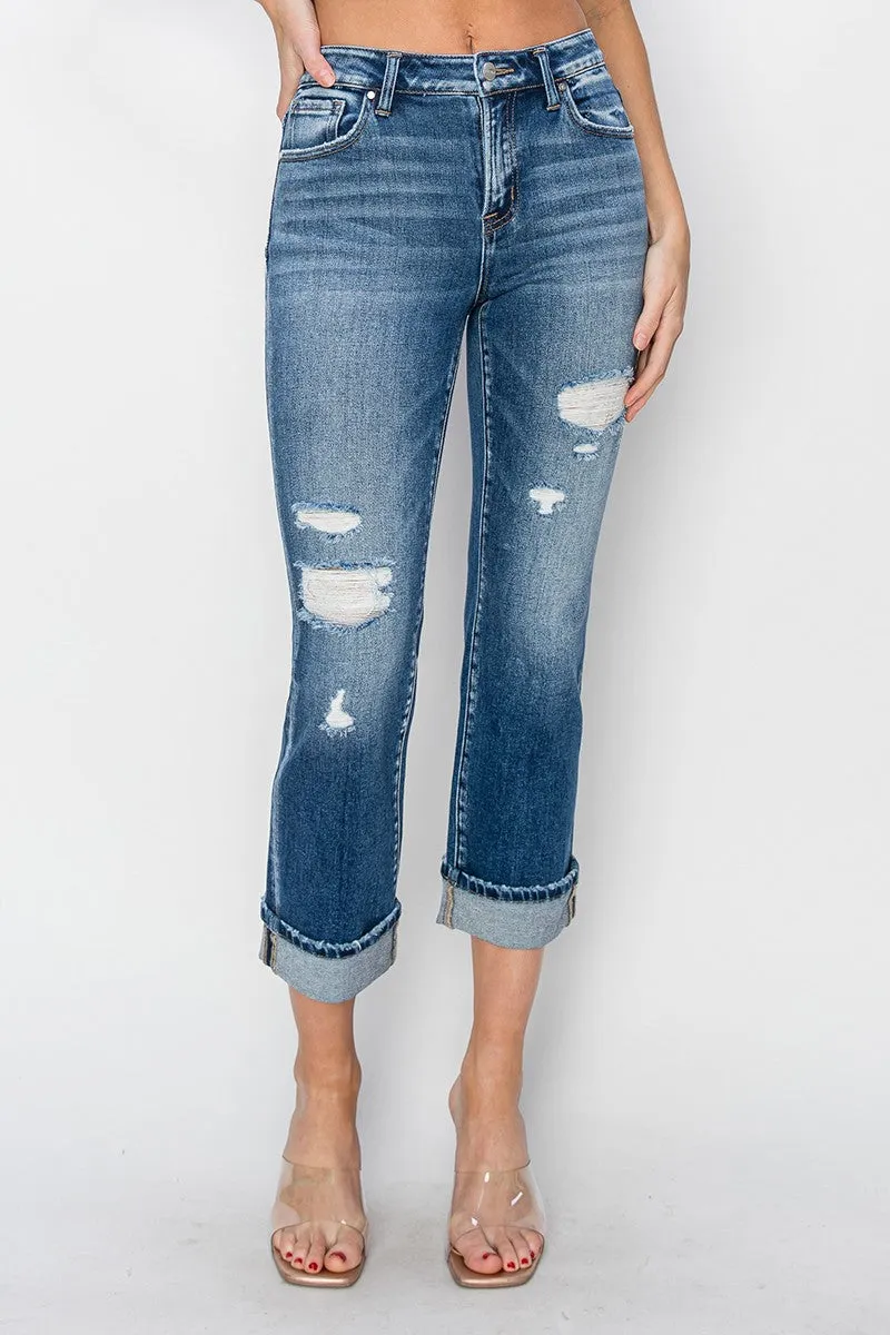 Cuffed Ankle Distressed Straight Jeans