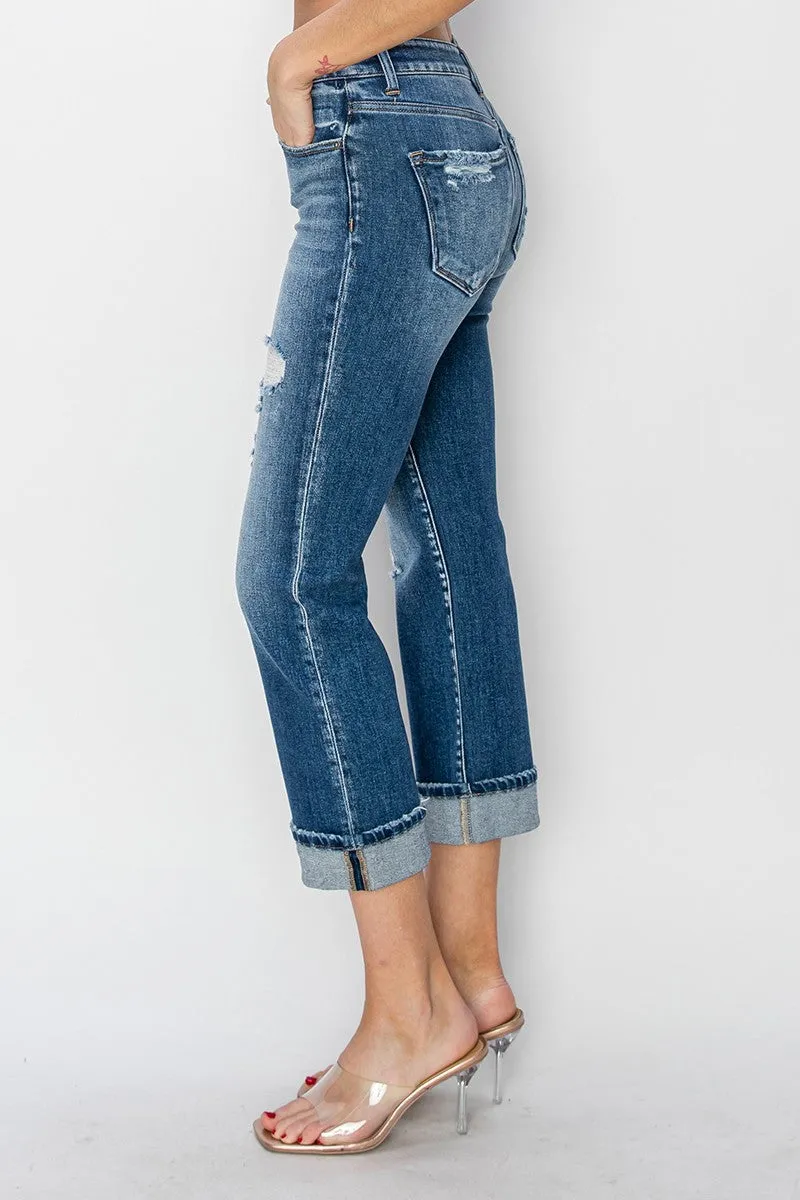 Cuffed Ankle Distressed Straight Jeans