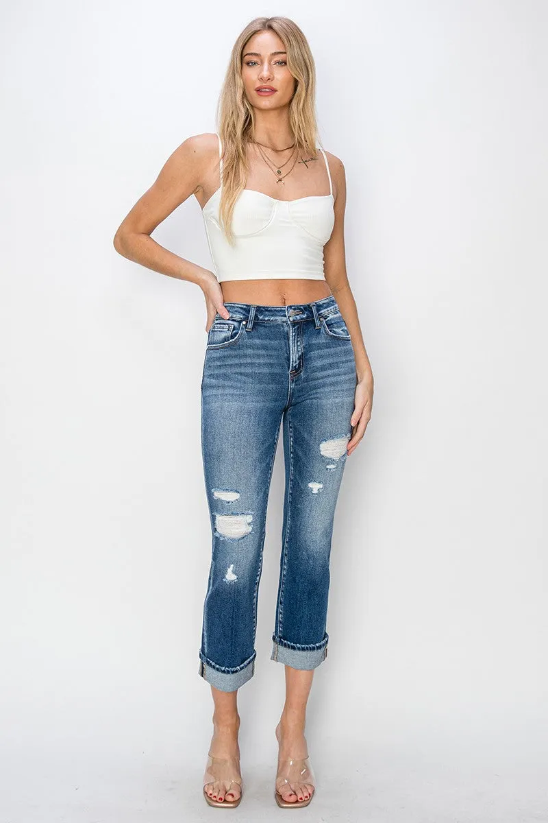 Cuffed Ankle Distressed Straight Jeans