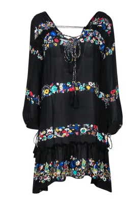 Derek Lam - Black Floral Silk Peasant Dress w/ Tassel Ties Sz L