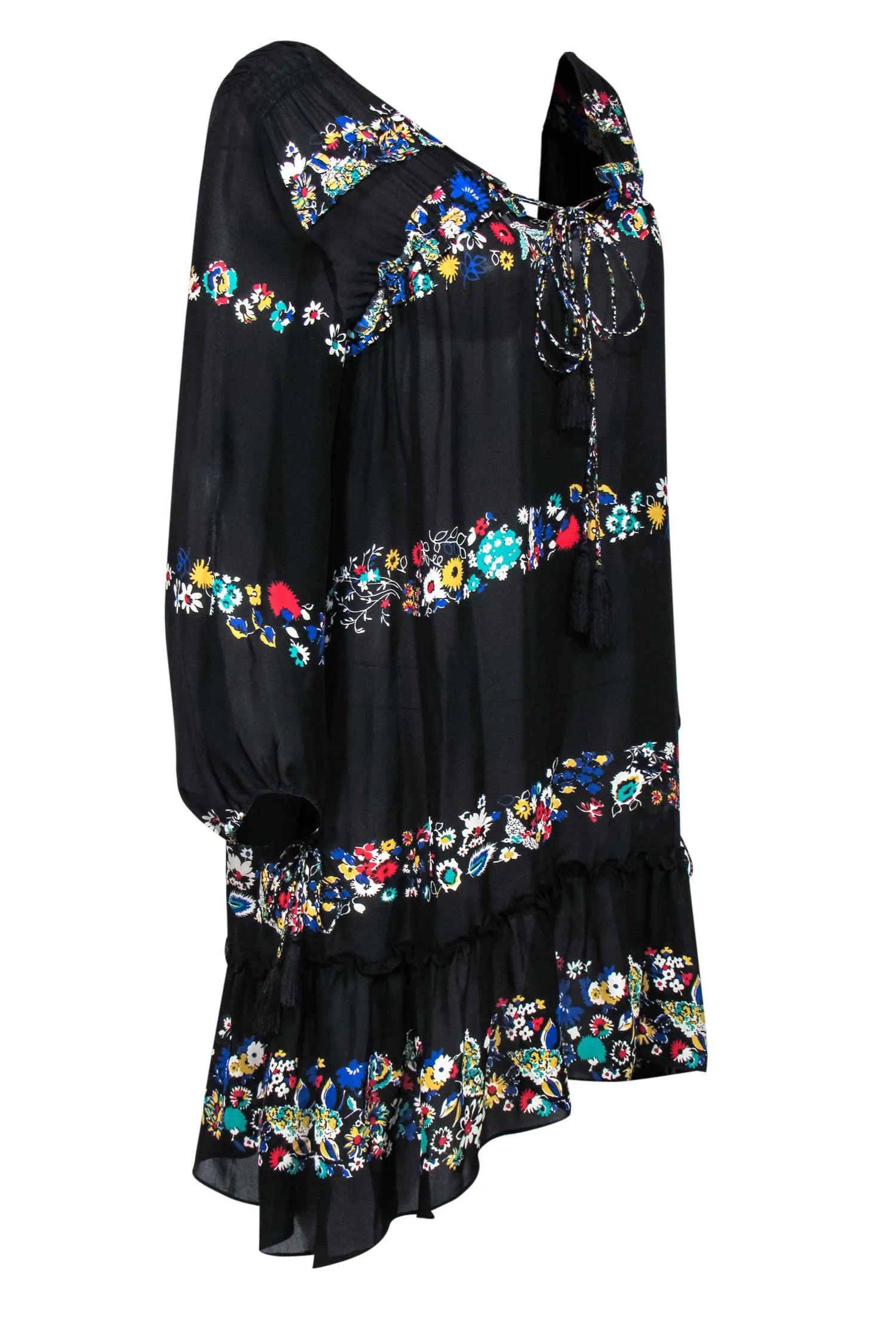 Derek Lam - Black Floral Silk Peasant Dress w/ Tassel Ties Sz L