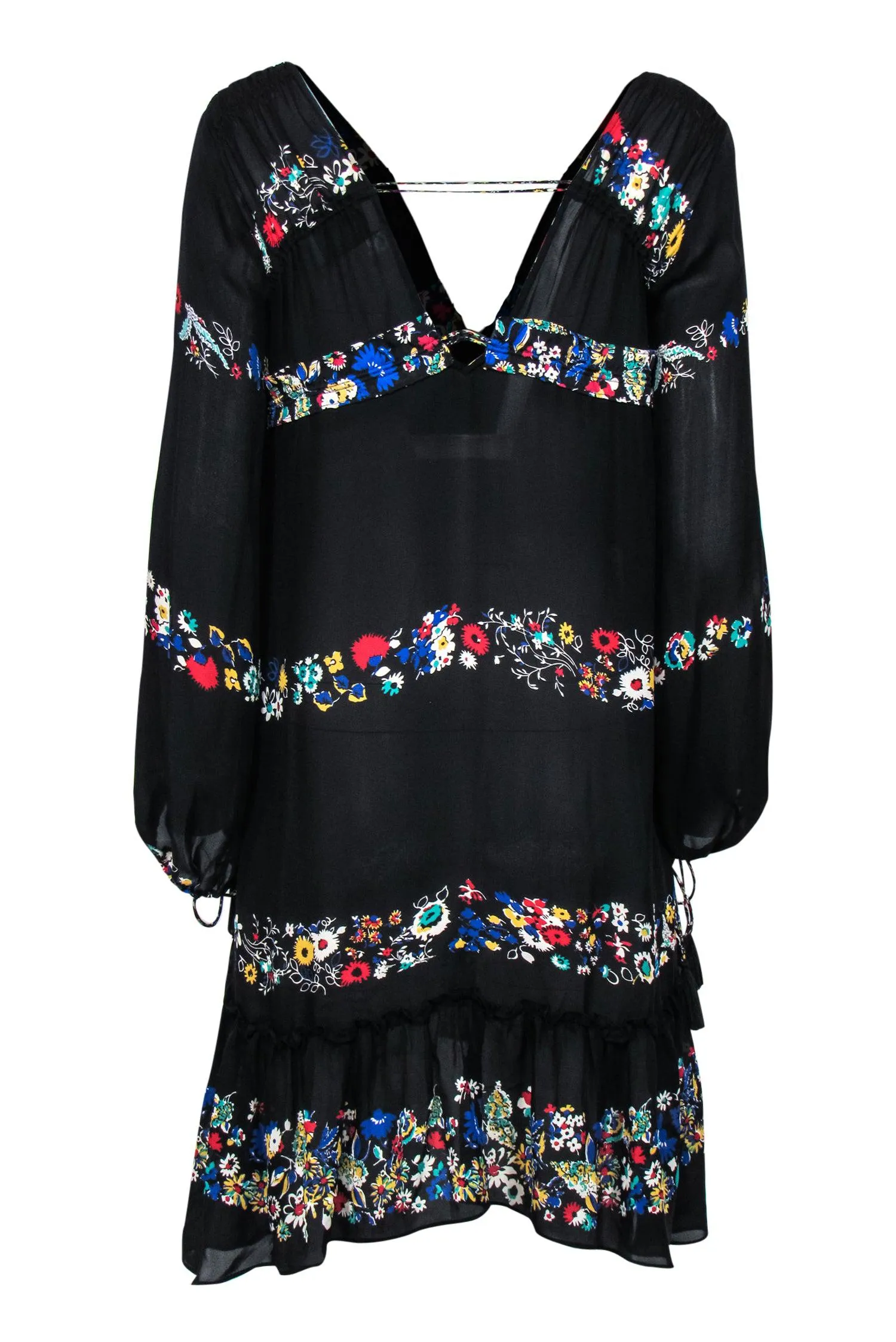 Derek Lam - Black Floral Silk Peasant Dress w/ Tassel Ties Sz L