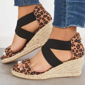 Elastic crisscross strap espadrille peep toe wedges