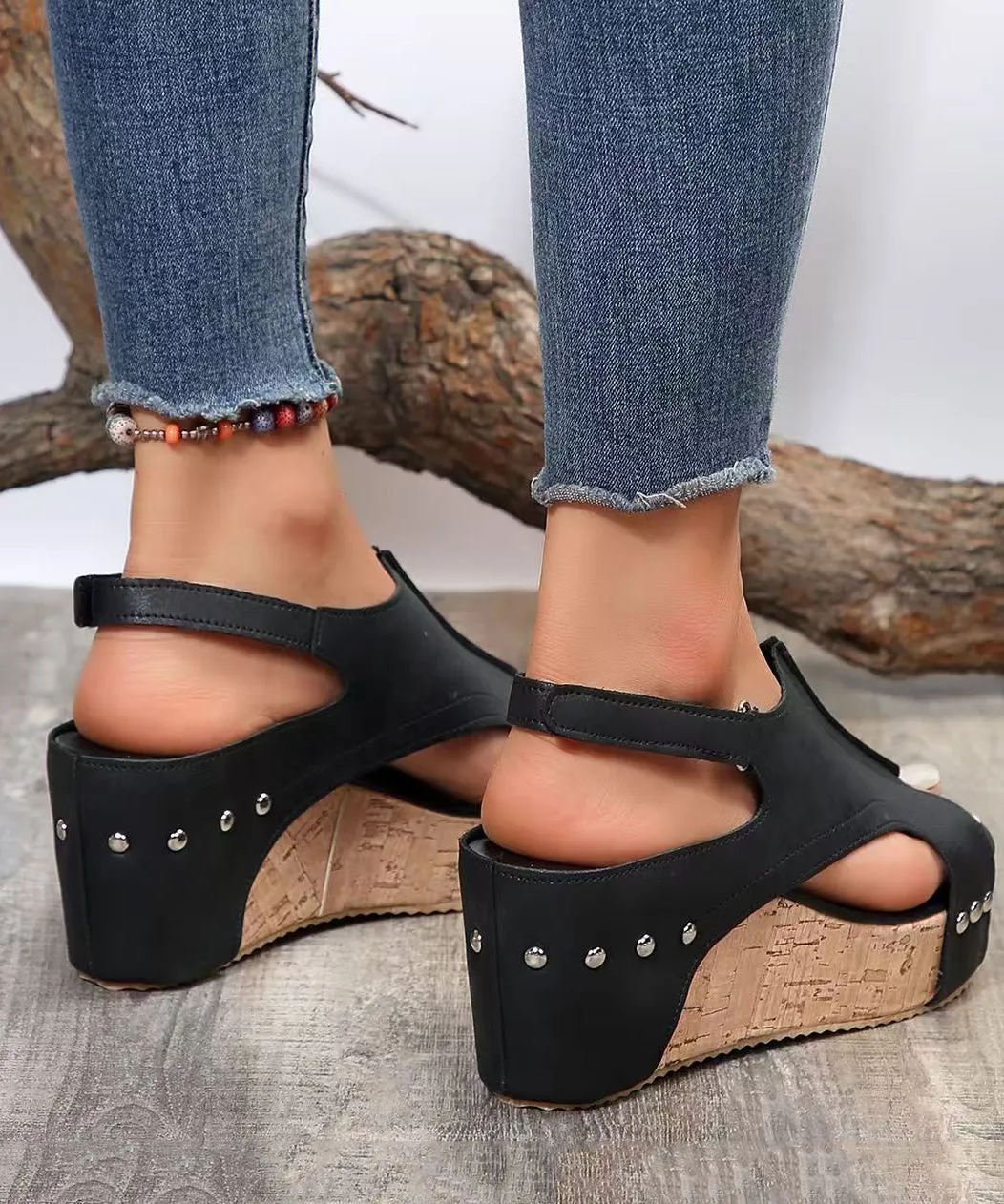 European American Style Black Splicing Wedge Sandals Hollow Out Peep Toe UU011