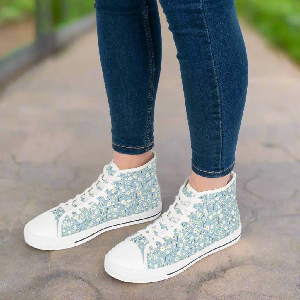 Floral Women's High Top Sneakers - Stylish Blue Lace-Up Shoes