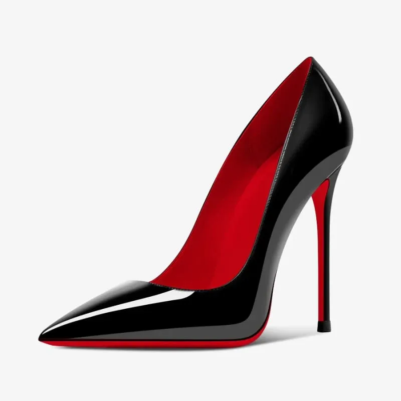 Glossy Black Stiletto Heels with Red Sole 12cm Pointed Style