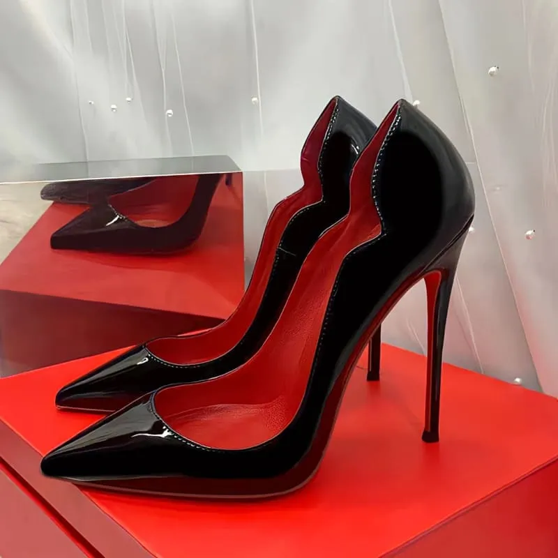 Glossy Black Stiletto Heels with Red Sole 12cm Pointed Style