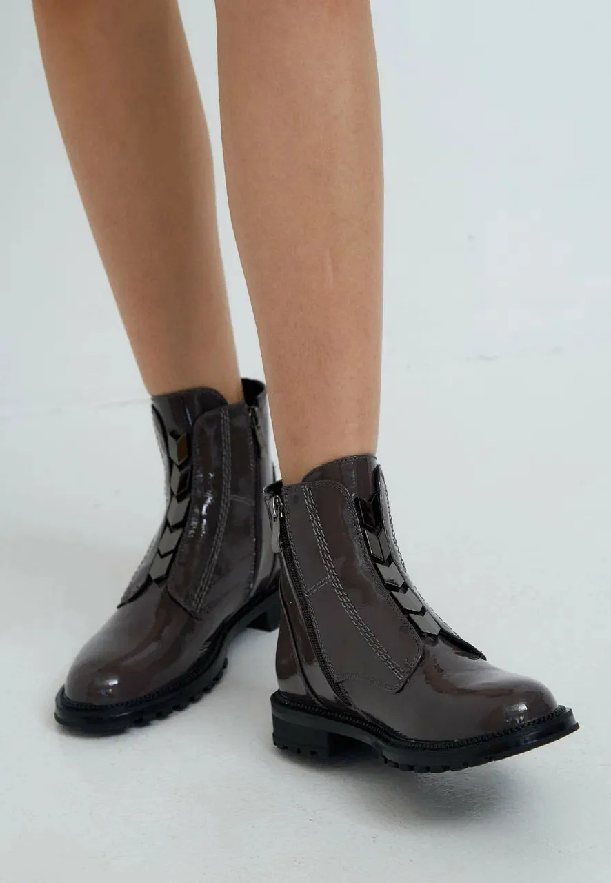 Glossy Zip-Up Ankle Boots - Brown