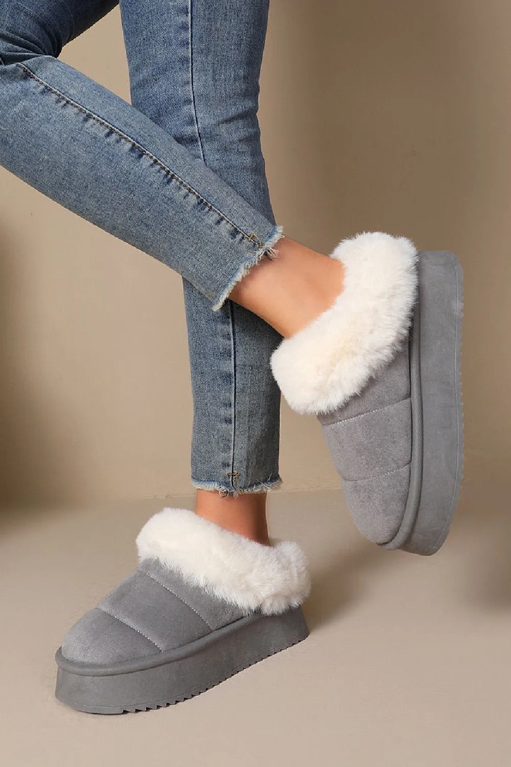 GREY ULTRA MINI PLATFORM FAUX FUR LINED FLUFFY SLIPPERS