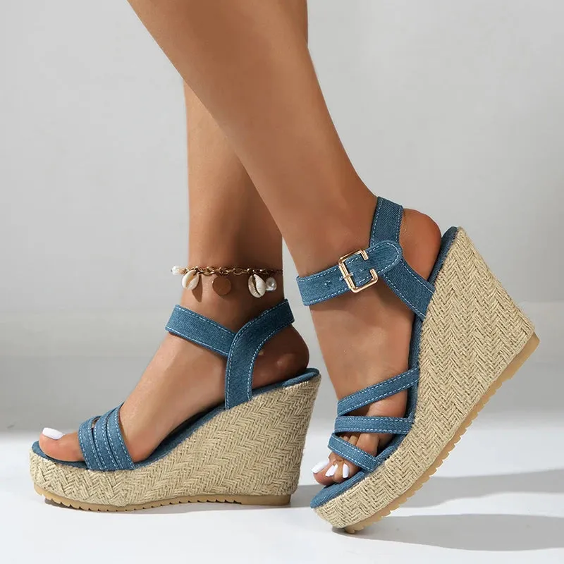 Hnzxzm Blue Thick Bottom Wedges Sandals Women 2024 Summer Ankle Buckle Chunky Platform Sandals Woman Plus Size High Heeled Beach Shoes