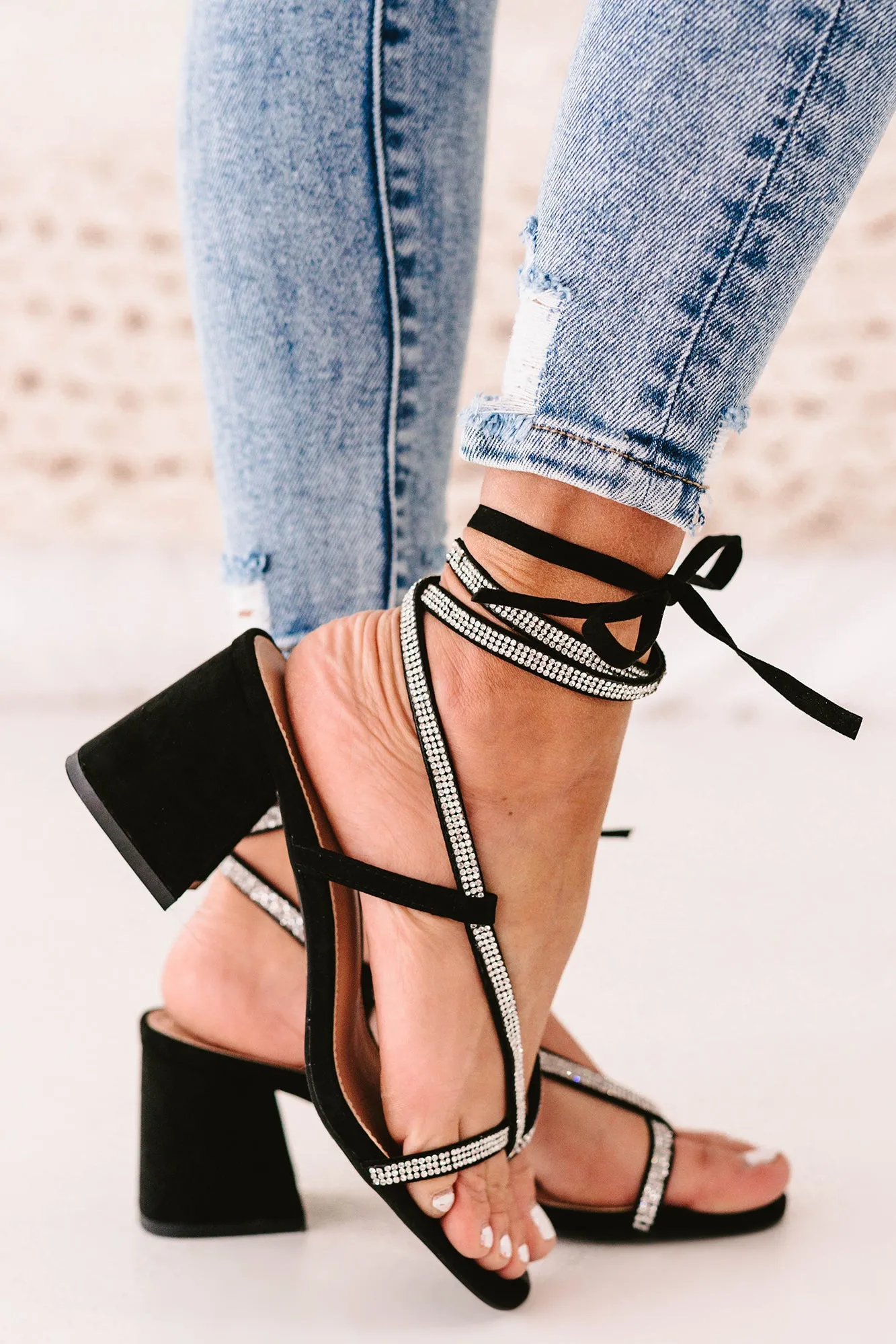 IMPERFECT Larissa Rhinestone Ankle Wrap Heeled Sandals (Black)