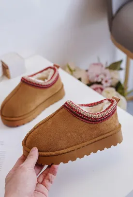 KIDS EMBROIDERY DETAIL FAUX FUR LINING SLIPPERS IN CAMEL 19-24 SIZES