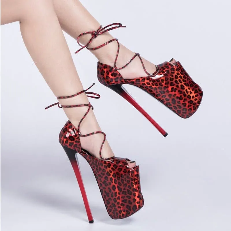 Leopard Print 22cm Stiletto Heel Ankle Tie Sandals