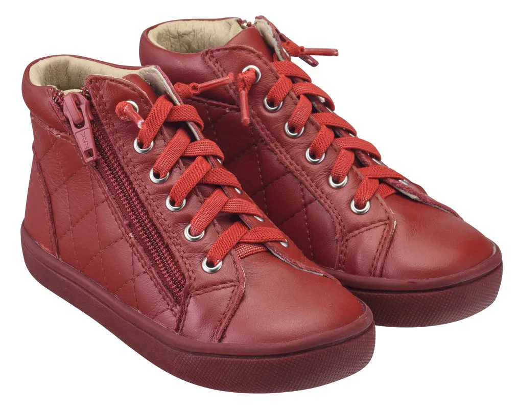 Old Soles Boy's and Girl's 6007 Eazy-Q Red Quilt Stitch Leather High Top Lace Up Side Zipper Side Sneaker