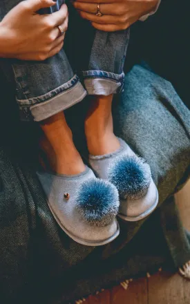 Personalised Soft Blue Pom Pom Slippers