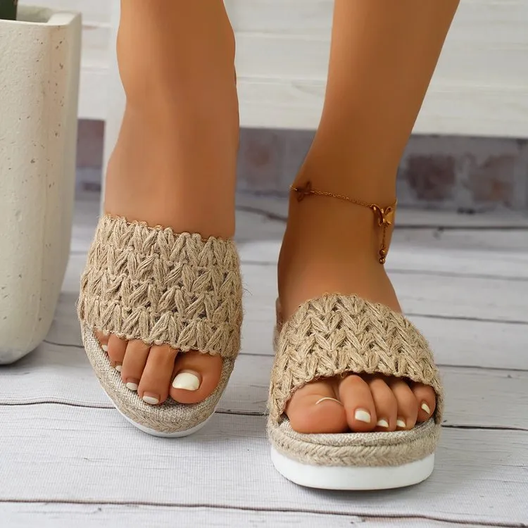 Retro beige hemp rope wedge slides