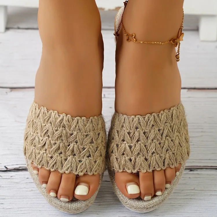 Retro beige hemp rope wedge slides